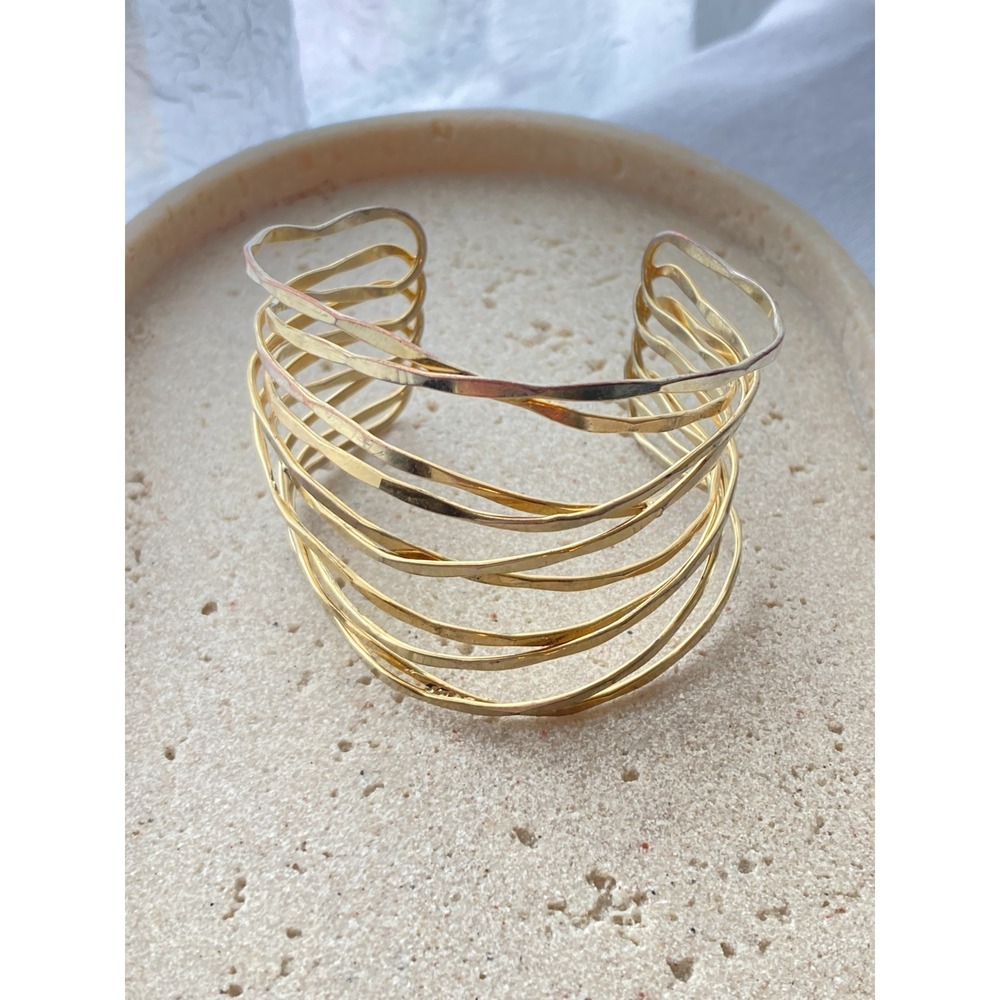 Gold Tone Multi Row Wave Cuff Bracelet Open Bangle Statement Modernist Brutalist